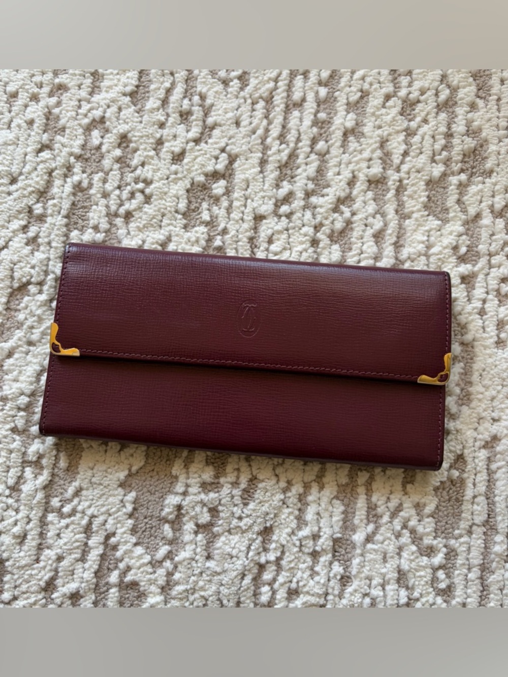 Vintage Cartier Wine Burgundy Leather Envelope Clutch with Gold Corner Hardware